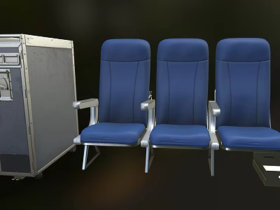 Three Blue Public Chairs With Metal Frame Next To Metal Storage Case 3d model