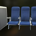 Three Blue Public Chairs With Metal Frame Next To Metal Storage Case