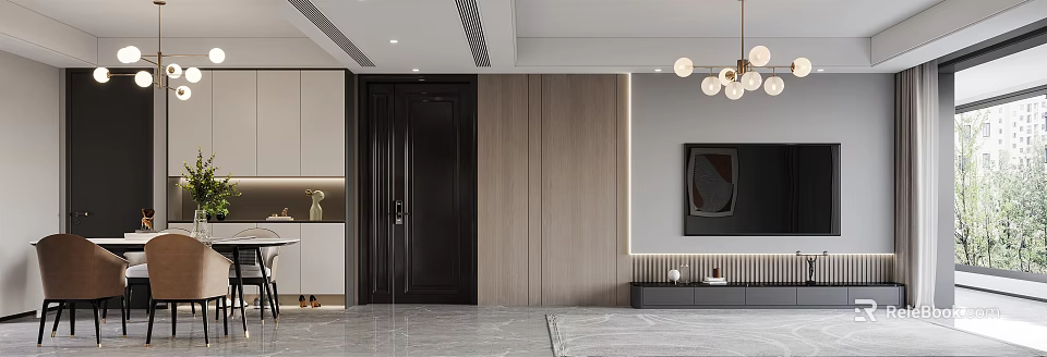 Modern Dining Living Room Interior With Wooden Wall Panels Black Door And Pendant Lights 3d model 