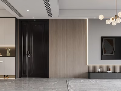 Modern Dining Living Room Interior With Wooden Wall Panels Black Door And Pendant Lights 3d model