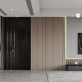 Modern Dining Living Room Interior With Wooden Wall Panels Black Door And Pendant Lights
