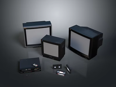 Three Vintage Black Monitors Of Various Sizes With Retro Electronic Accessories 3d model