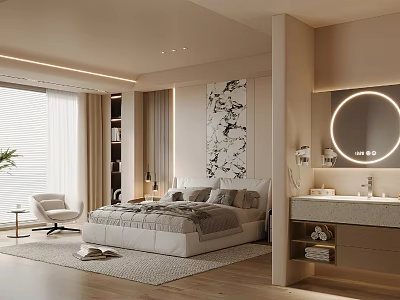 Modern Bedroom Interior Design With Comfortable Bed Wall Art Round Mirror And Accent Chair 3d model