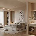 Modern Bedroom Interior Design With Comfortable Bed Wall Art Round Mirror And Accent Chair