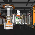 Modern Industrial Hot Pot Restaurant Interior Featuring Orange Circular Structure Dining Tables and Display Cabinets