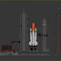 Scale Space Shuttle Model On Launch Tower With Red Equipment Support Structures 3d model