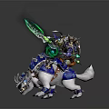 Armored Warrior Riding Blue And White Armored Creature With Glowing Weapon And Spikes