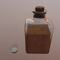 Square Glass Bottle With Cork Stopper Brown Liquid And Small Glass On Brown Background
