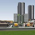 Modern High Rise Office Building With Surrounding Commercial Complex Green Space And Roads