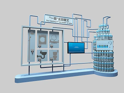 Warm Home Exhibition Stand With Water Heater Icons Display Board Digital Screen And Stacked Bottles 3d model