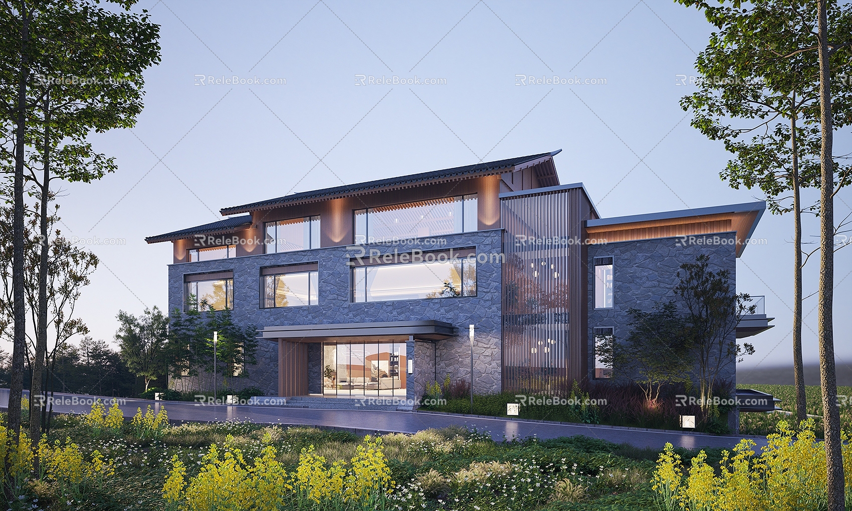 Homestay Villa Single-family Villa Resort Hotel Night View Club House Wooden House Stone House Rape Flower Field Field Villa Conifer 3d model