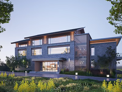 Detached Villa Modern Exterior Design With Stone Wall Glass Windows Landscaped Garden Greenery And Driveway 3d model