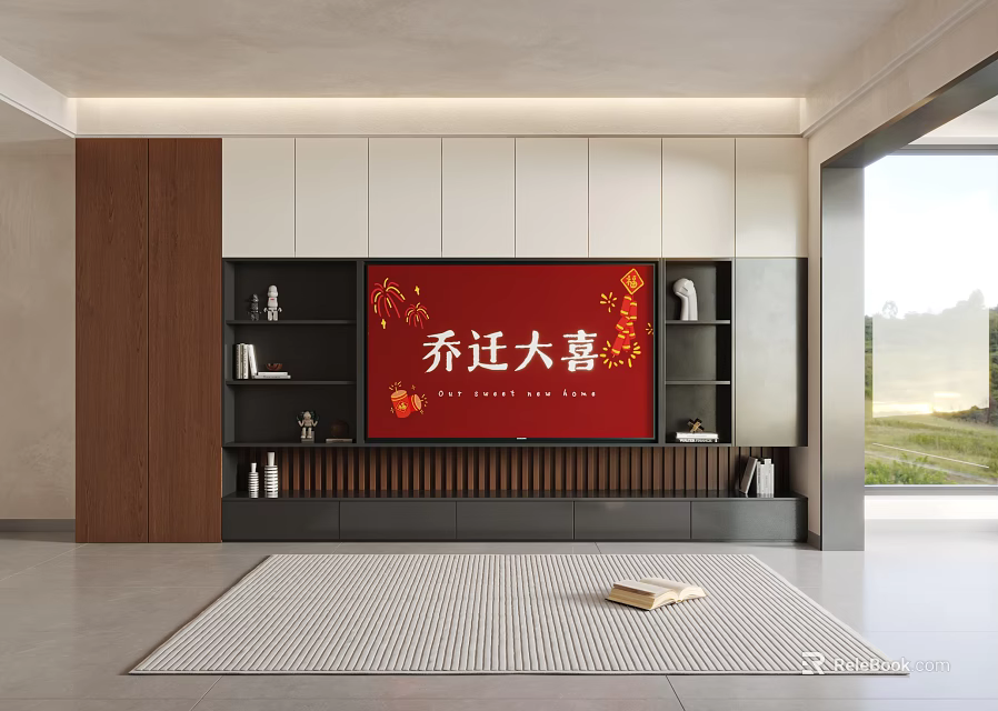 Modern TV Cabinet with Red Decorative Screen and Storage Shelves 3d model 
