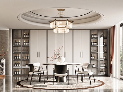 Dining Room Round Dining Table and Chair Wine Cabinet Decorative Background Wall Dining Table Dining Chair Chandelier model