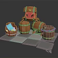 Decorative Ornament Set With Orange Figurine Wooden Barrels Blue Cushioned Seat And Rope Wrapped Barrel