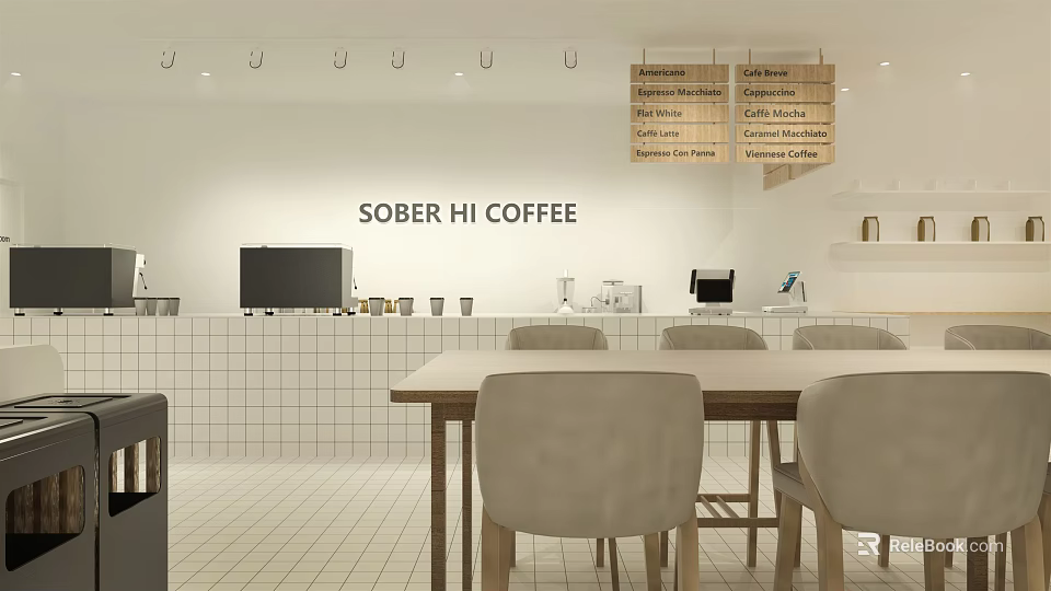 Sober Hi Coffee Shop Interior With Wooden Tables Beige Chairs And Menu Boards 3d model 