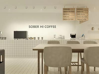 Sober Hi Coffee Shop Interior With Wooden Tables Beige Chairs And Menu Boards 3d model