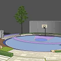 Circular Basketball Court with Blue Purple Surface Surrounded by Trees Stepped Seating and Green Lawn
