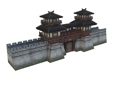 Traditional Ancient Chinese City Gate With Twin Tower Structures Stone Wall And Wooden Roofs 3d model