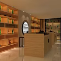 Modern Chinese Tea House Interior With Wooden Shelves Green Plants And Round Table Bamboo Chairs