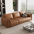 Modern Brown Leather Sofa Set with Coffee Table and Cushions in Living Room