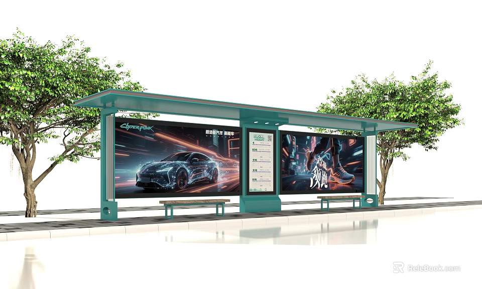 Bus Stop Shelter Billboard With Car Advertisement And Dynamic Display Panels 3d model 