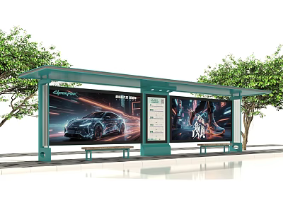 Bus Stop Shelter Billboard With Car Advertisement And Dynamic Display Panels 3d model