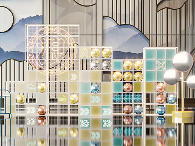 Modern Decorative Geometric Display With Colorful Spheres Glass Blocks And Scenic Backdrop 3d model