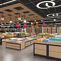 Supermarket Grand Opening with Fresh Fruits Vegetables and Groceries on Neat Shelves