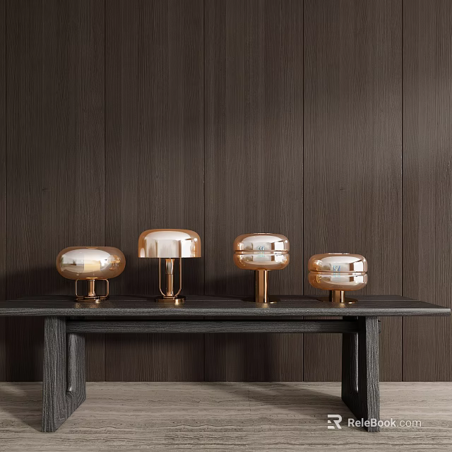 Four Copper Table Lamps On Dark Wooden Table With Dark Wooden Wall Background 3d model 