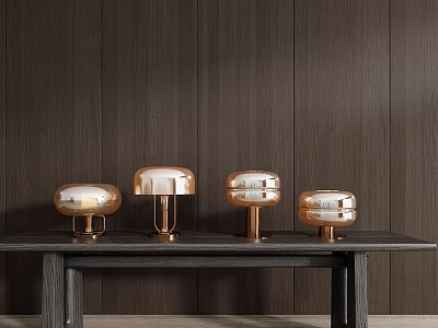 Four Copper Table Lamps On Dark Wooden Table With Dark Wooden Wall Background 3d model