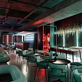 Modern Bar Interior With Shelves Of Drinks Bar Counter And Seating Area