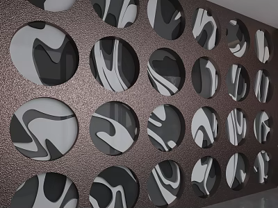 Contemporary Background Wall Design Featuring Circular Holes And Black White Marble Inlays On Metallic Surface 3d model