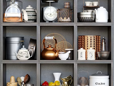 Organized Kitchenware Display On Gray Shelves Featuring Teapot Plates Cups Pots And Scale 3d model