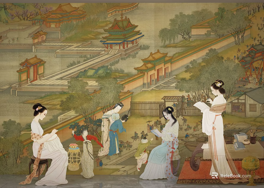 Ancient Chinese Figure Painting With Female Figures In Traditional Clothing And Classical Courtyard 3d model 