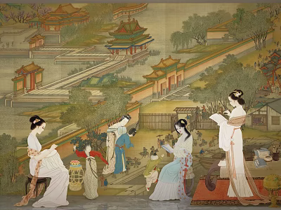 Ancient Chinese Figure Painting With Female Figures In Traditional Clothing And Classical Courtyard 3d model