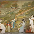 Ancient Chinese Figure Painting With Female Figures In Traditional Clothing And Classical Courtyard