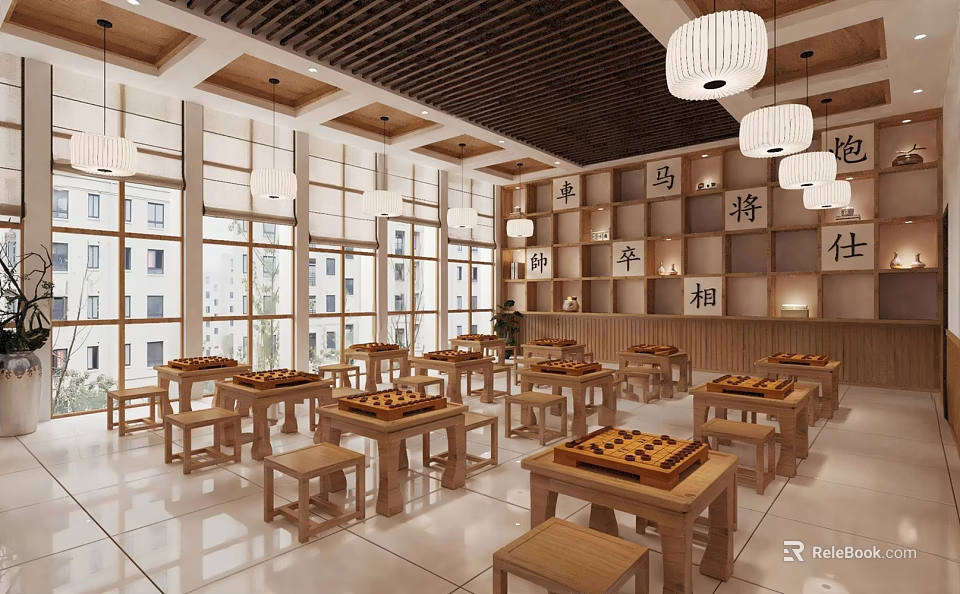 Chinese Style School Classroom Featuring Wooden Desks Chairs Chess Boards Lantern Lights and Character Plaques 3d model 
