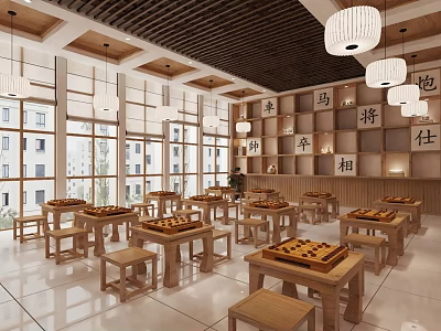 Chinese Style School Classroom Featuring Wooden Desks Chairs Chess Boards Lantern Lights and Character Plaques 3d model