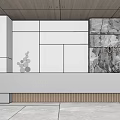 Sleek Modern Reception Desk Design With Wooden Ceiling Marble Wall Panel And White Gray Decorative Elements 3d model