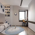 Modern Kids Room Interior With Staircase Bed Circular Windows Bookshelves And Round Rug