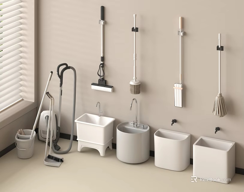 White Utility Space Featuring Wall Mounted Cleaning Tools Sinks And Vacuum Cleaner 3d model 