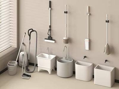 White Utility Space Featuring Wall Mounted Cleaning Tools Sinks And Vacuum Cleaner 3d model