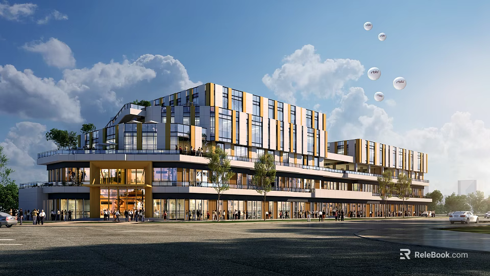Modern Commercial Street With Multi Storey Buildings Glass Facades Pedestrians Balloons And Trees 3d model 