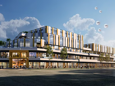 Modern Commercial Street With Multi Storey Buildings Glass Facades Pedestrians Balloons And Trees 3d model