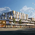 Modern Commercial Street With Multi Storey Buildings Glass Facades Pedestrians Balloons And Trees