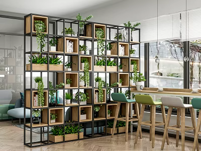 Modern Indoor Green Plant Display With Multi Tier Black Metal Wooden Shelf Unit 3d model