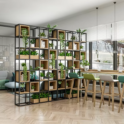 Modern Indoor Green Plant Display With Multi Tier Black Metal Wooden Shelf Unit 3d model