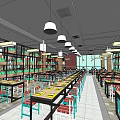 Modern Café Interior Design With Long Tables Colorful Chairs Bookshelves And Pendant Lights