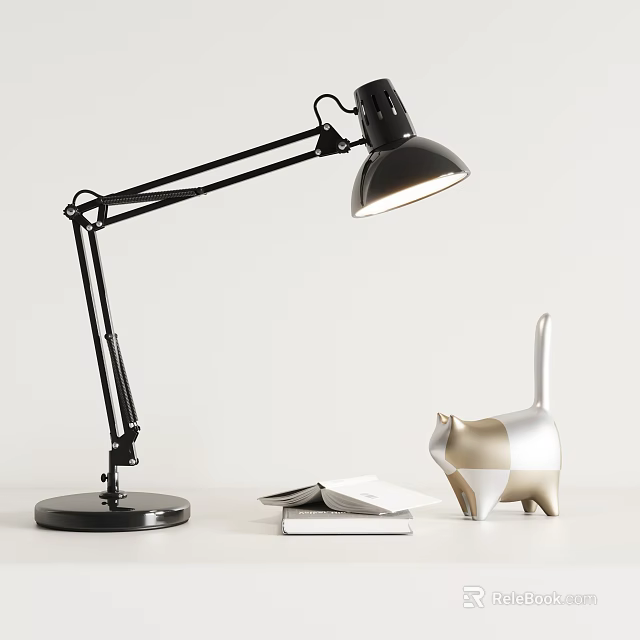 Black Desk Lamp With Adjustable Arm Bright Light Cat Figurine Open Book And Notebook 3d model 